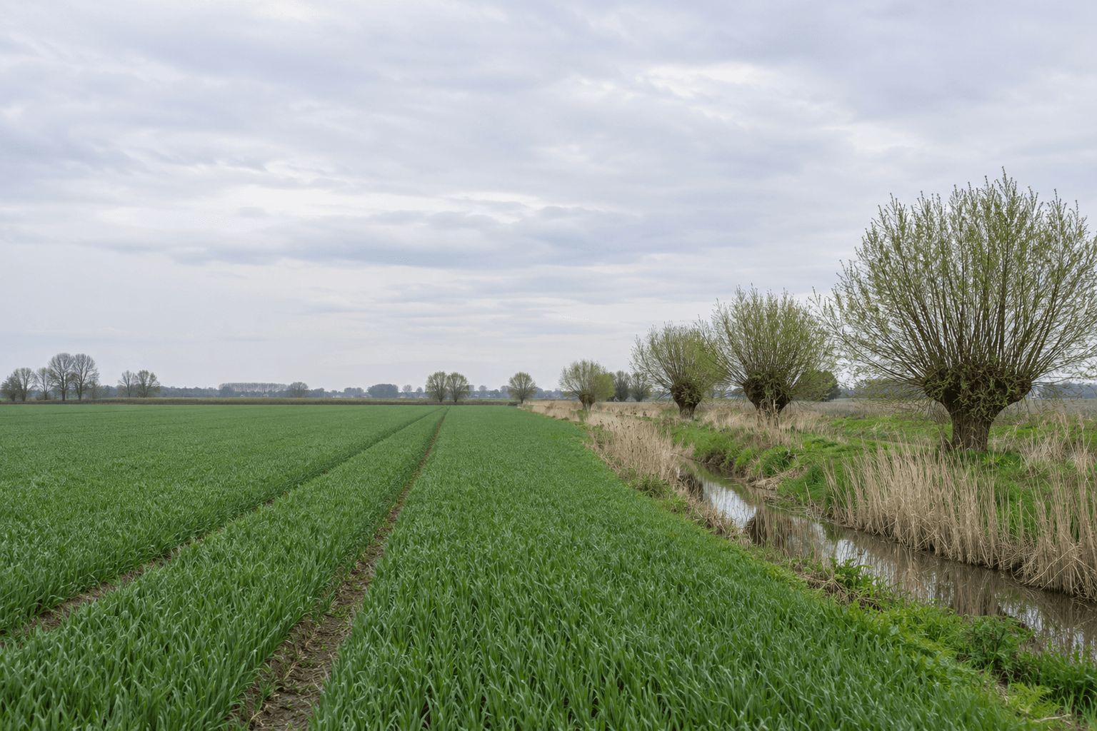 Groen tarweveld met een trekkerspoor en knotwilgen langs een sloot
