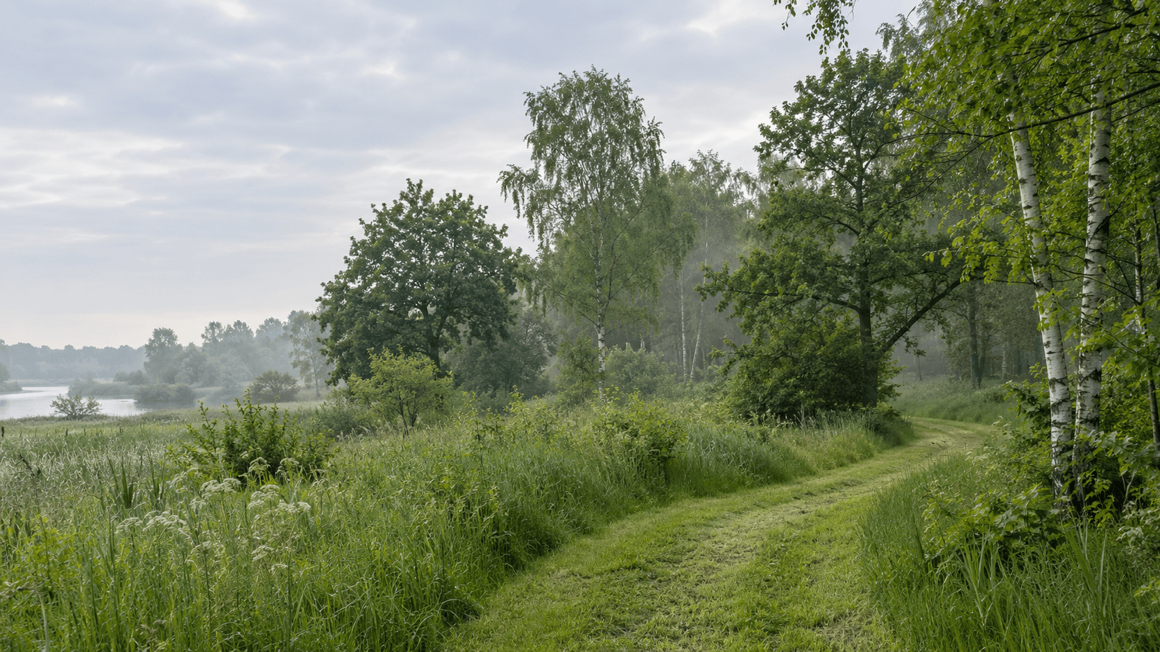 Graspad langs de rand van een jong gemengd bos in de ochtendnevel